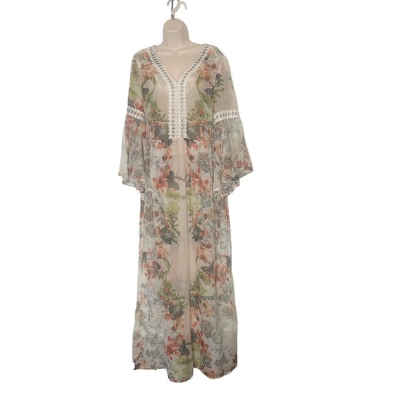 Alberto Makali Floral Sheer Long Dress Lace Trim Bell Sleeves Peasant Boho M - Picture 2 of 16